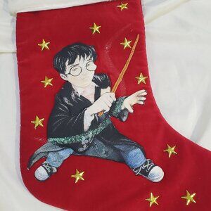 2000 Harry Potter Quilted 3D Harry Wand & Gold Stars 18” Christmas Stocking